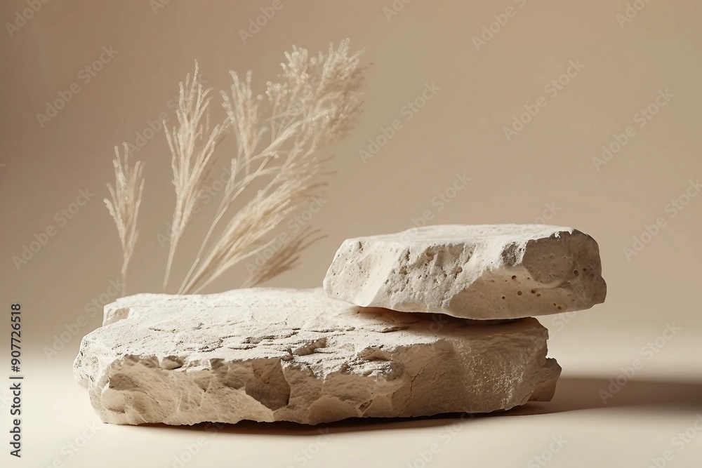 Tropical dry leaf product presentation with Cracked stone . Natural beige background Studio Minimal showcase for cosmetic or skin care design template Tropical dry leaf product presentation with Cracked stone . Natural beige background Studio Minimal showcase for cosmetic or skin care design template