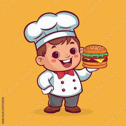 Adobe Illustrator ArtworkCute chef holding a burger hand drawn art Vector Icon Illustration