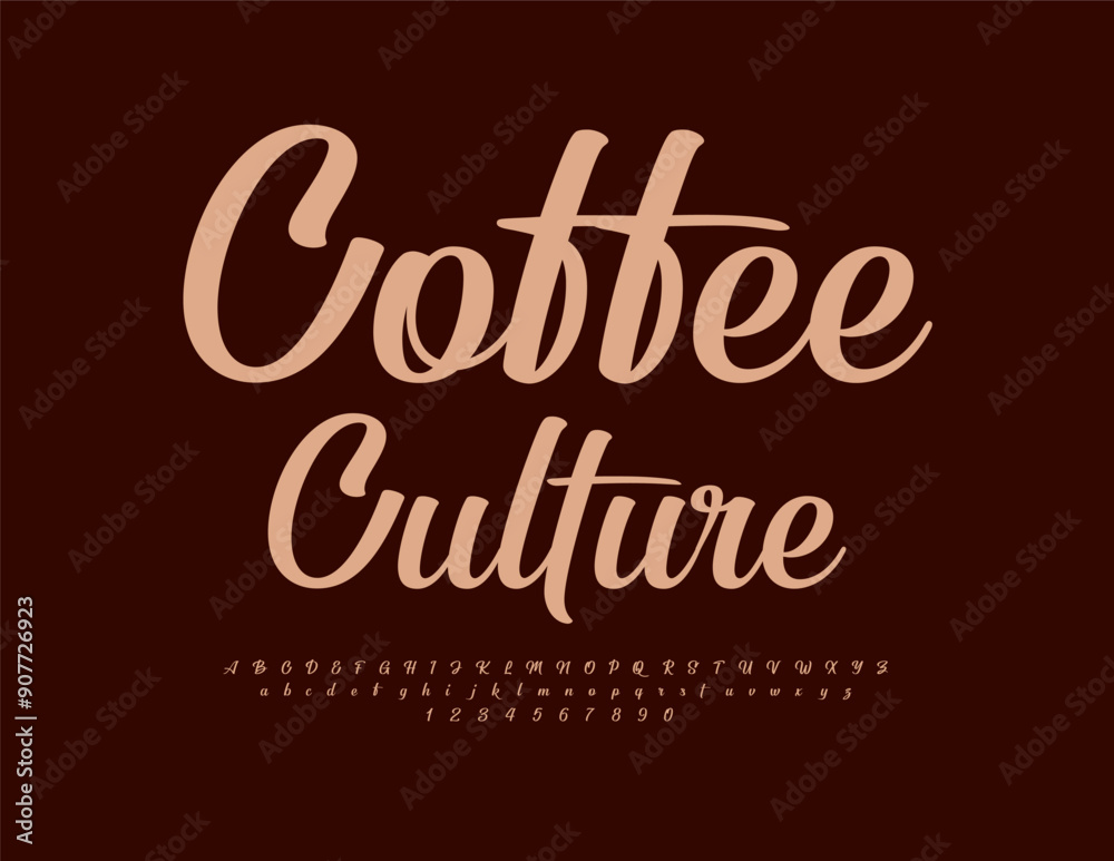 Vector modern label Coffee Culture. Stylish Cursive Font. Artistic Alphabet Letters and Numbers set.