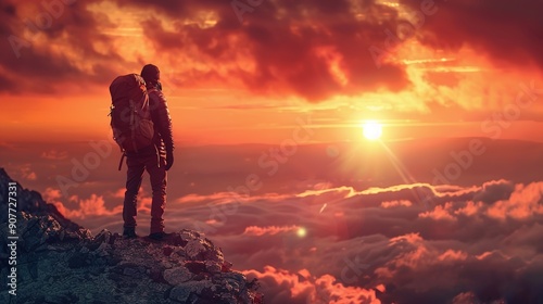 Man standing on top of a mountain with a backpack on his back and a sunset in the background behind him, with a red sky and orange clouds and a red hued