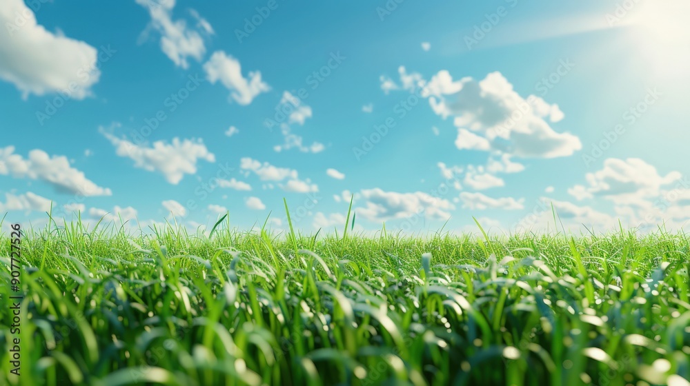 Obraz premium A field of green grass with a clear blue sky above