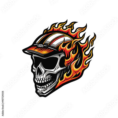 A vector graphic of a detailed motocross helmet with a skull and flames.