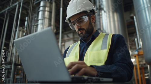 A man in an industrial setting, wearing safety gear and using his laptop to monitor the activity of workers at plants or factories. The background is filled with large steel pipes photo