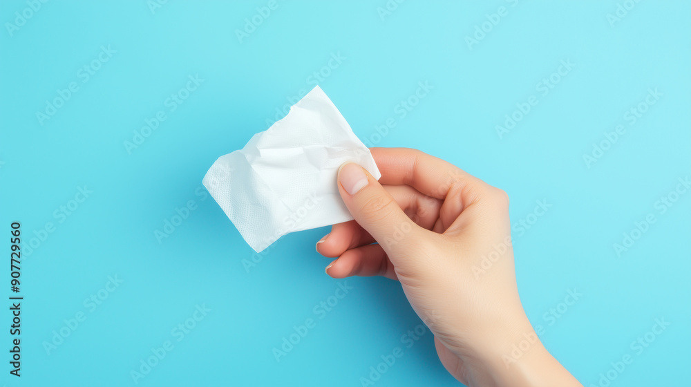 A hand holds a wet white tissue on a blue background in a closeup view. Allergy concept A hand holds a wet white tissue on a blue background in a closeup view. Allergy concept