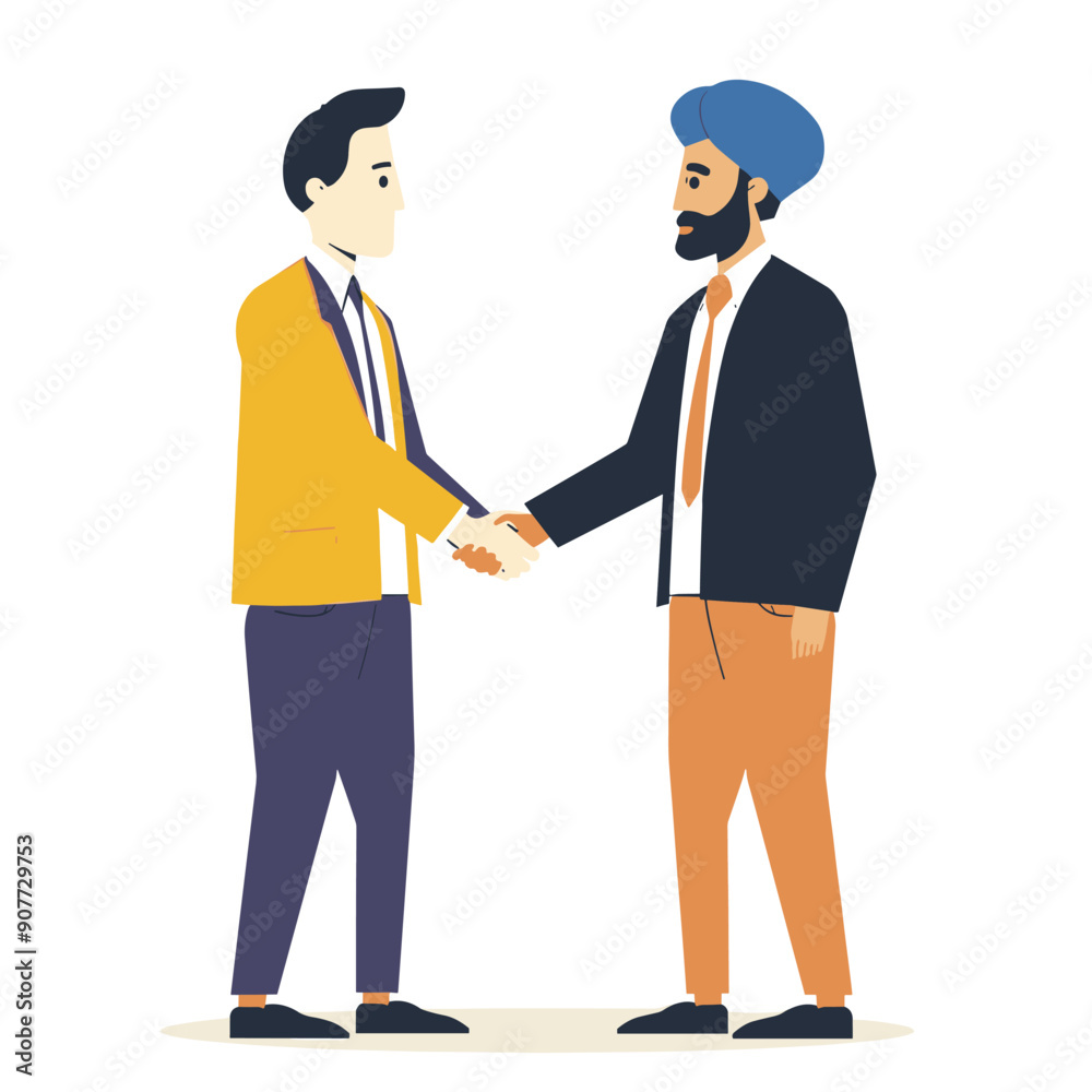 Two men shaking hands, modern style, professional setting. One man wears yellow jacket, man black, both ties. Flat vector illustration style, partnership, agreement
