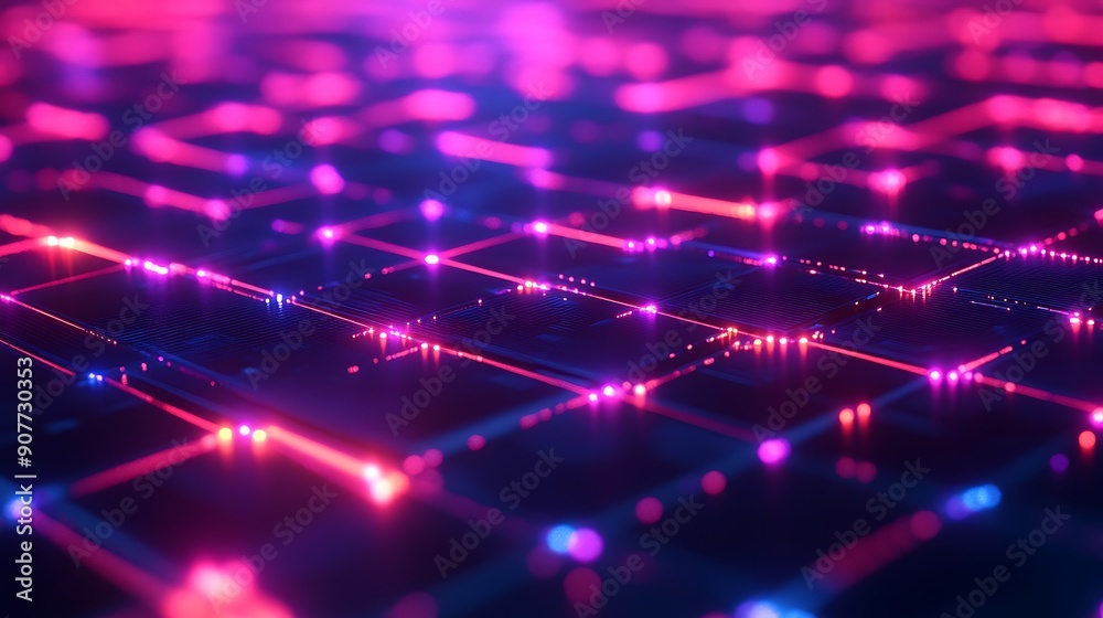 A glowing 3D grid with interconnected nodes, representing a futuristic internet with data flowing seamlessly between them --ar 16:9