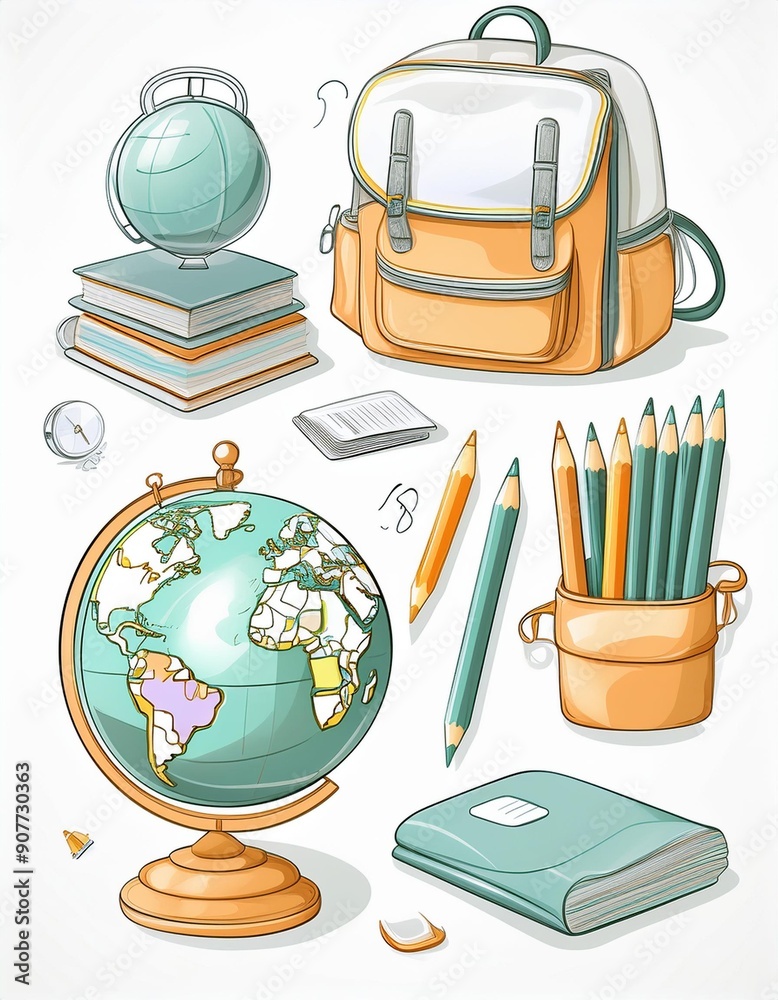 Childrens supplies cute elements of elementary school. Schoolbag, pendant, globe, pencils and books, notes for stickers, scrapbooking. Kindergarten flat elements for education. Back to school. Childrens supplies cute elements of elementary school. Schoolbag, pendant, globe, pencils and books, notes for stickers, scrapbooking. Kindergarten flat elements for education. Back to school.