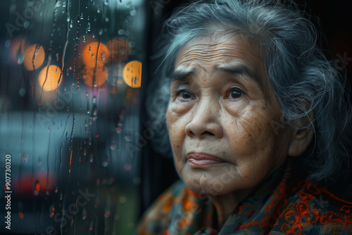 old asian woman look at window, looking at the rain outside with sad expression. grandmother, senior