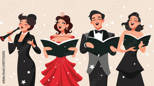 Quartet animated singers performing, two women two men, dressed formal attire. Woman sings into microphone, man woman joyfully sing songbooks, another smiles cheerfully. Elegant evening, sparkling