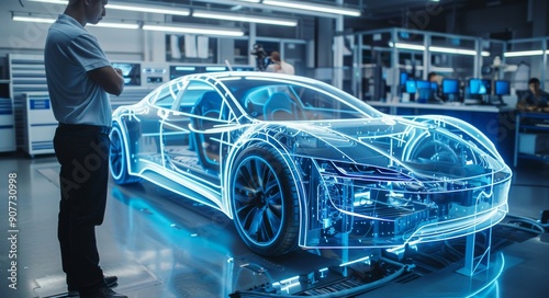 Engineer designing a holographic electric car prototype in high-tech laboratory