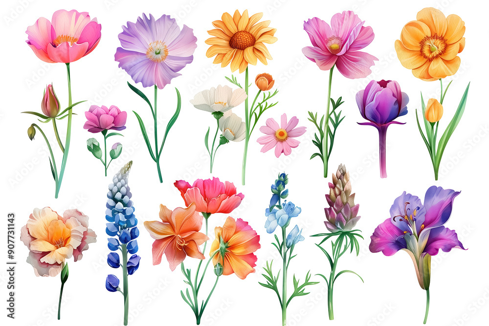 Naklejka premium Wild flowers isolated on white background.