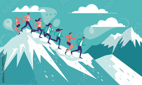 Business team climbs mountain, illustrating teamwork, challenge, goals. Diverse group men women professional attire ascend steep icy peaks. Stylized illustration conveys corporate journey, success