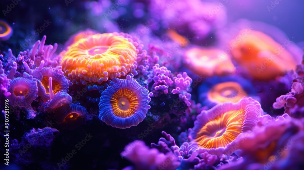 Alien coral reef with bioluminescent polyps, underwater scene Alien coral reef with bioluminescent polyps, underwater scene