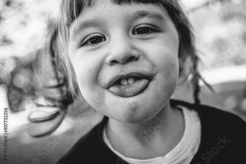 Bambina fa una linguaccia bianco e nero