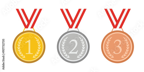 Gold, silver and bronze medals with red ribbon flat vector icons for sports apps and websites