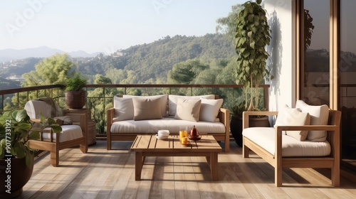 Elegant decorated balcony with rattan outdoor furniture, bright pillows and plants. Interior design terraces