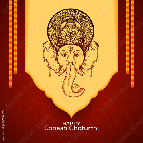 Artistic Happy Ganesh Chaturthi traditional Indian festival greeting card