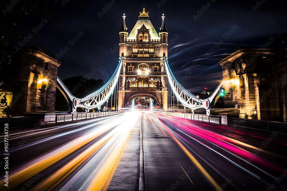 Fototapeta premium Tower bridge at night with light trails left by a passing double-decker bus, London, England, United Kingdom