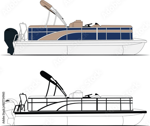 Pontoon boat vector, boat vector, motorboat vector, line art illustration