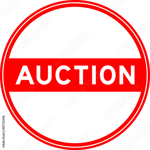 Red color round seal sticker in word auction on white background