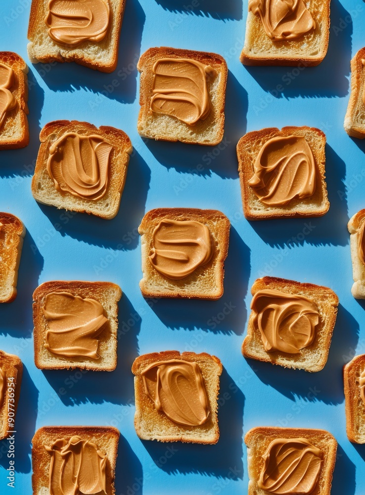 Top-down view of slices of bread with peanut butter on a blue textured surface Top-down view of slices of bread with peanut butter on a blue textured surface