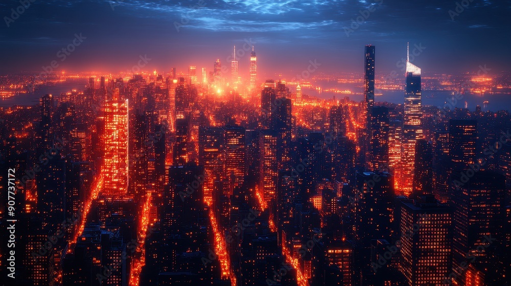 A city skyline at night with glowing buildings and bustling streets, highly realistic