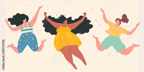Three women joyfully jumping celebrating together, diverse ethnicities portrayed. Women wearing casual clothes, vibrant colors, confetti air, expressing happiness. Modern flat design style, pastel