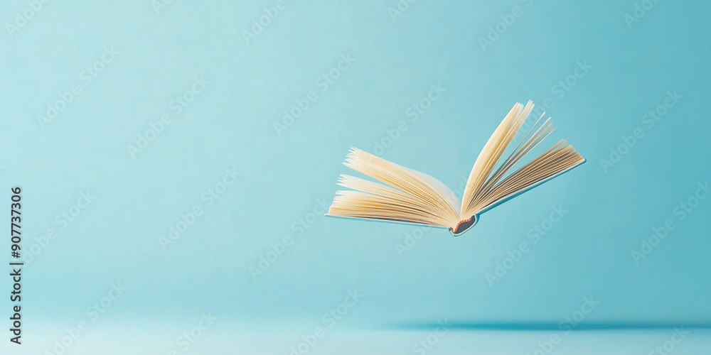 Floating open book against a blue background with copy space, the power of reading and education Floating open book against a blue background with copy space, the power of reading and education