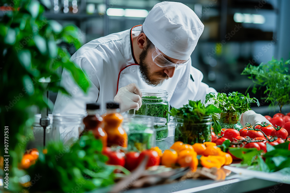 Male Microbiologist in Safety Glasses Examining Seed . Medical Scientist Working in a Modern Food Science Laboratory Male Microbiologist in Safety Glasses Examining Seed . Medical Scientist Working in a Modern Food Science Laboratory