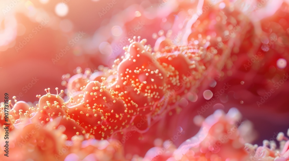A close up of a pinkish red object with many small dots on it A close up of a pinkish red object with many small dots on it