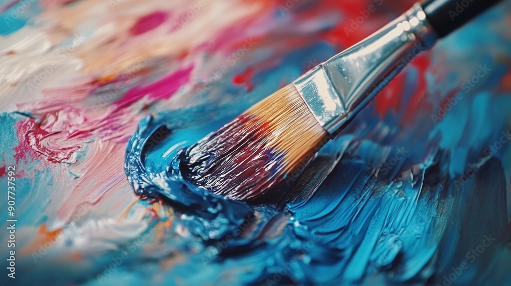 Fototapeta premium Close up water color paintbrush in artist studio slow motion
