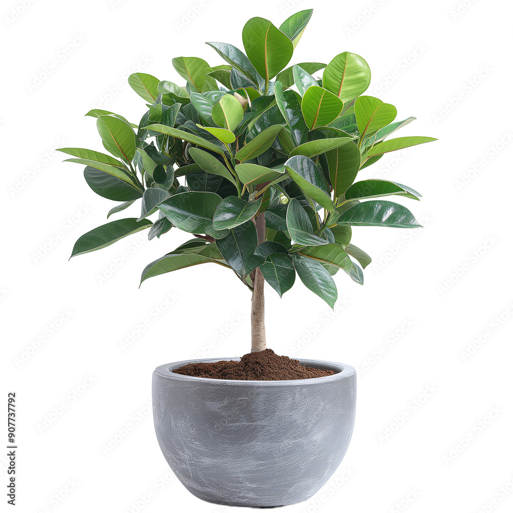 Ficus elastica in a grey pot isolated on white background Ficus elastica in a grey pot isolated on white background