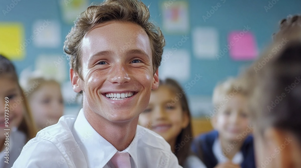 Fototapeta premium Happy kids and teacher at school