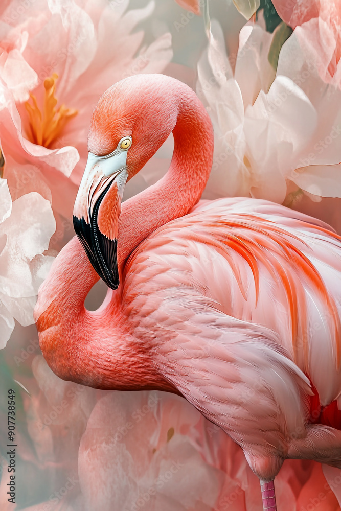 Naklejka premium Flamingo with pink flowers background