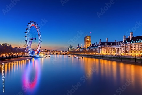 London at twilight. London eye, County Hall, Westminster Bridge, Big Ben and Houses of Parliament.