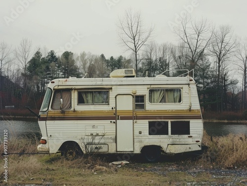 Abandoned Vintage Camper by Serene River Surrounded by Leafless Trees and Overcast Sky