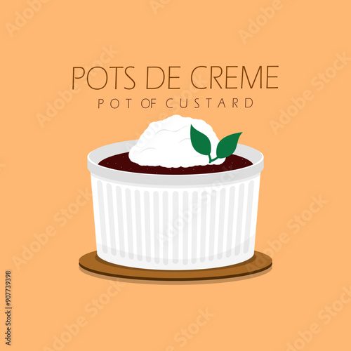 National Pots De Creme Day event food banner.  Small pot of custard with cream topping and leaves on light brown background to celebrate on August 27th