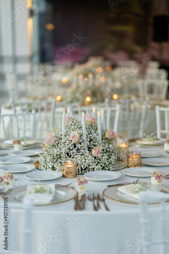 Obraz na płótnie Beautifully Decorated Wedding Table with Floral Arrangement and Candles Indoors w salonie