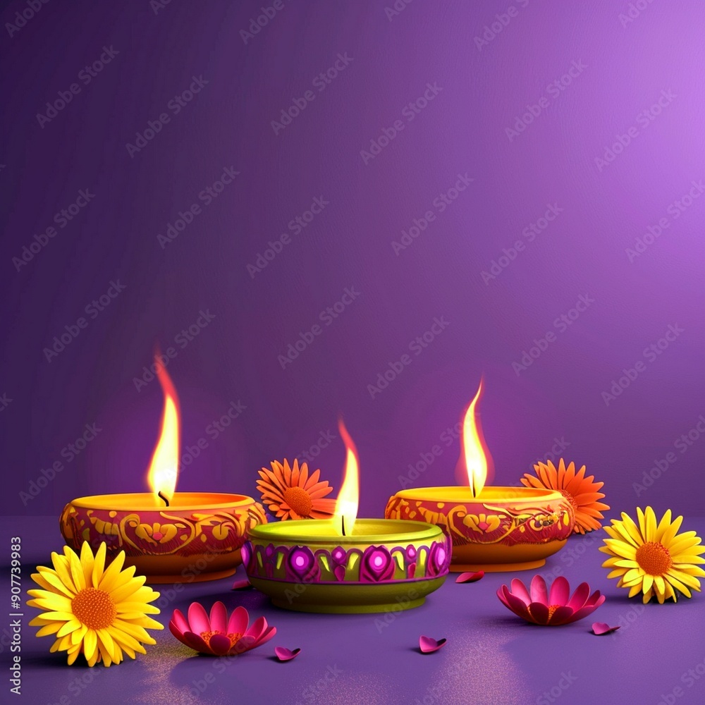 Colorful traditional oil lamp diya on purple background Colorful traditional oil lamp diya on purple background