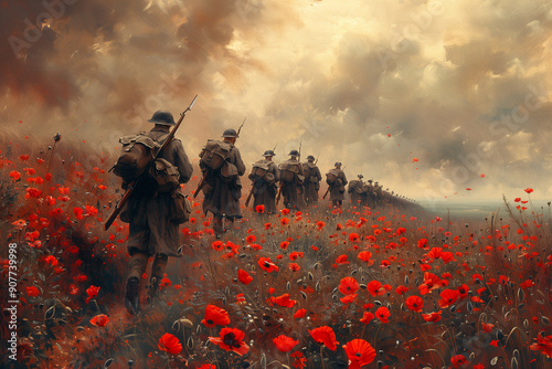 ANZAC, Remembrance Day Celebration.Soldiers in a field of red poppies