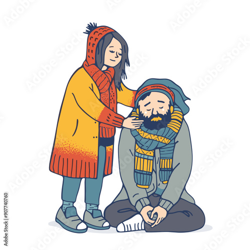 Woman comforting sad man sitting ground, colorful winter clothing, caring gesture, emotional support. Man emotional distress, woman consoling, characters scarves hats, soothing touch, friendship
