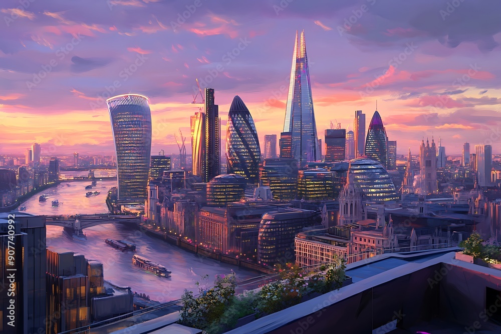 Obraz premium Skyscrapers of the City of London over the Thames river at sunset in England.