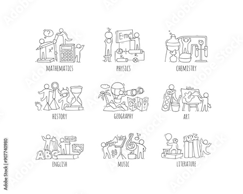 School subjects icons with symbols of math, physics, astronomy and chemistry. Vector cartoon set of art, music, technology, sport and literature lessons and students. People with education equipment