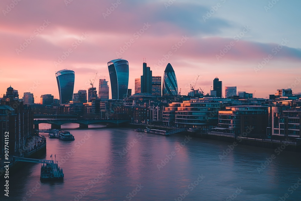 Fototapeta premium Skyscrapers of the City of London over the Thames river at sunset in England.