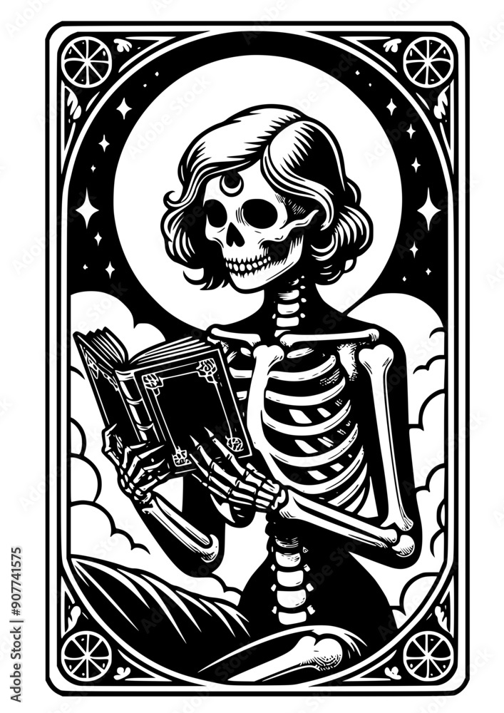Fototapeta premium Book reading SVG, Fantasy Book SVG, Love Reading SVG, Book Lover SVG, Tarot Card Style, Skeleton Reading SVG, Skeleton Girl SVG, Stack of books SVG, Book Design, Book Silhouette, Clipart JPG, PNG