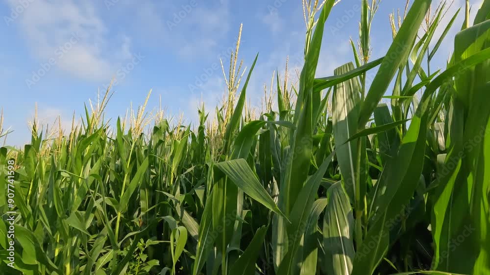 Rows of healthy Green Corn Crops within an Agricultural Field. Plants are lush and green, set against a cloudy blue morning sky. Captured in mid-July in the Midwest, USA. Slow motion. Rows of healthy Green Corn Crops within an Agricultural Field. Plants are lush and green, set against a cloudy blue morning sky. Captured in mid-July in the Midwest, USA. Slow motion.