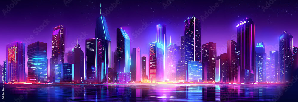 A Cartoon-Style City Skyline at Night Featuring Futuristic Buildings A Cartoon-Style City Skyline at Night Featuring Futuristic Buildings