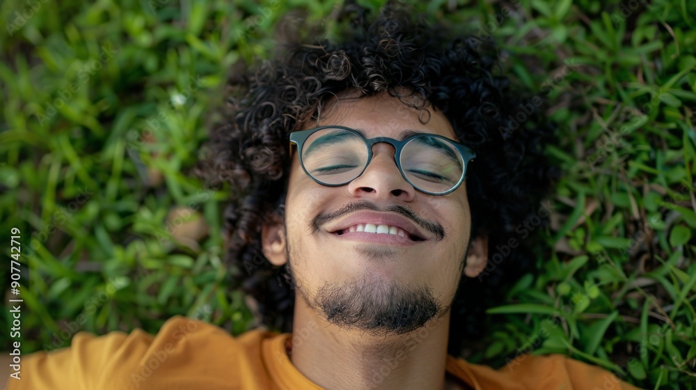 A man with glasses is smiling and laying on the grass
