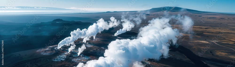 Aerial view of steam vents in a geothermal field with the sky above Aerial view of steam vents in a geothermal field with the sky above