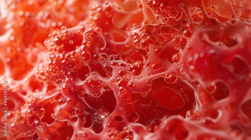A close up of a red fruit with a lot of bubbles A close up of a red fruit with a lot of bubbles